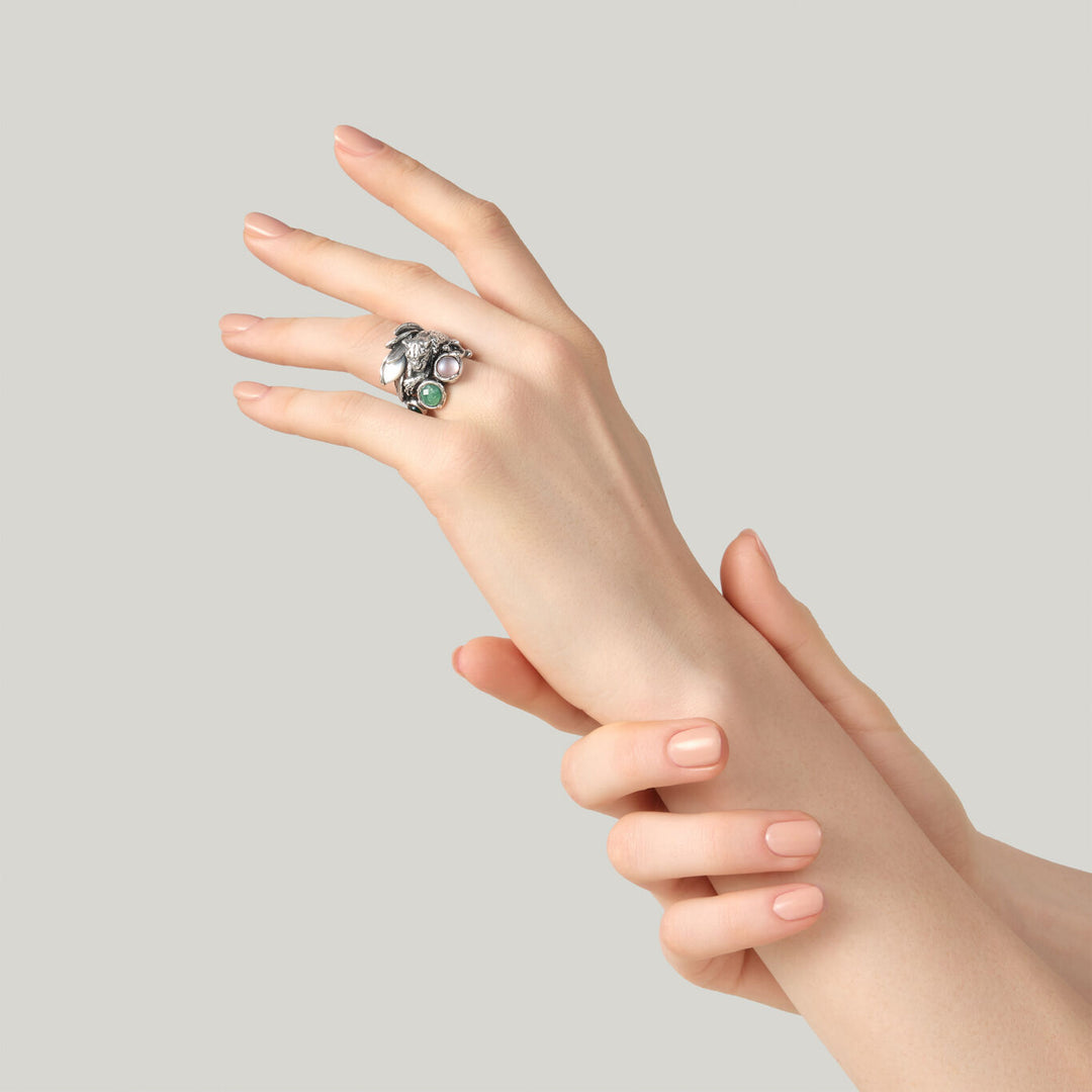 Giovanni Raspini leopard jungle ring Ring i 925 sølv, perlemor og kvarts 12630