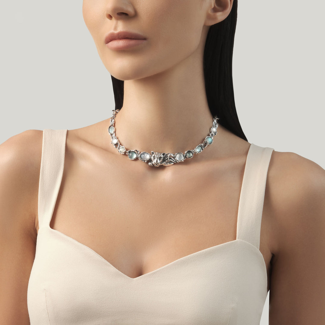Giovanni Raspini Blue Jaguar Halskette – Halskette aus 925er Silber, Perlmutt, Bergkristall und Quarz – 12680
