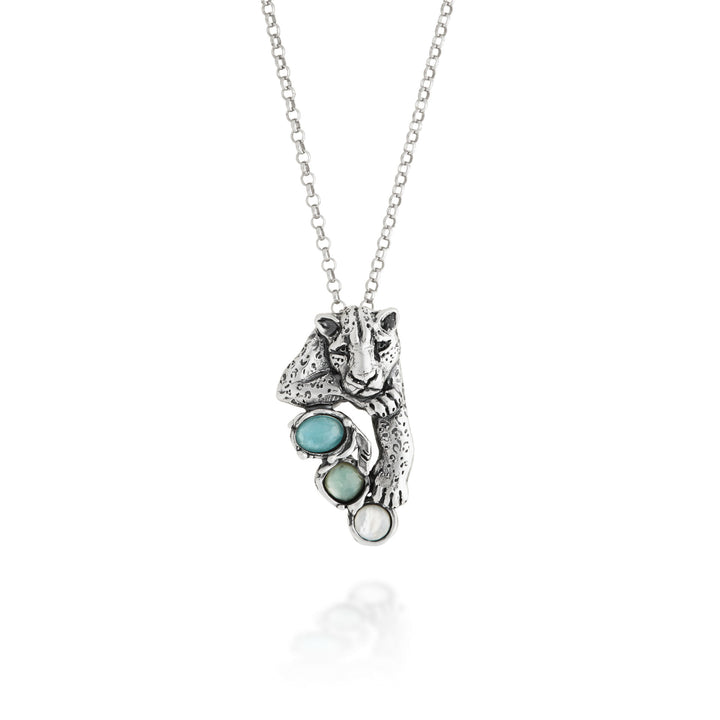 Giovanni Raspini Blue Jaguar Pendant - Necklace in 925 silver, mother of pearl, rock crystal and quartz - 12681