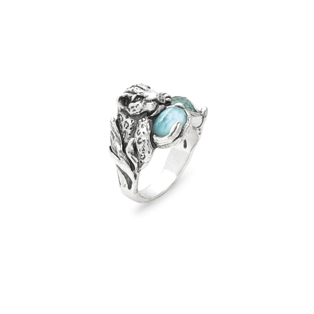 Giovanni Raspini Blauer Jaguar-Ring – Ring aus 925er Silber, Perlmutt und Quarz – 12683