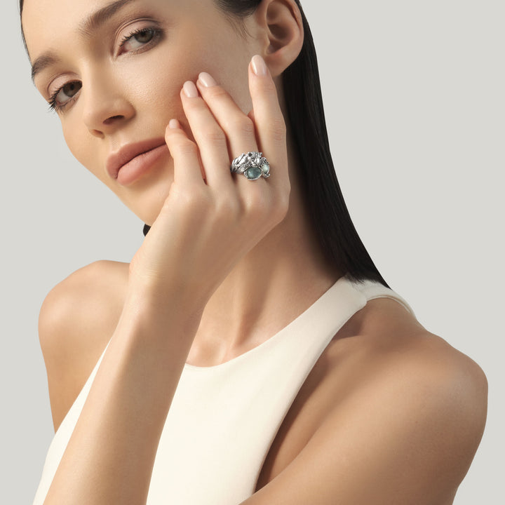 Giovanni Raspini Blauer Jaguar-Ring – Ring aus 925er Silber, Perlmutt und Quarz – 12683