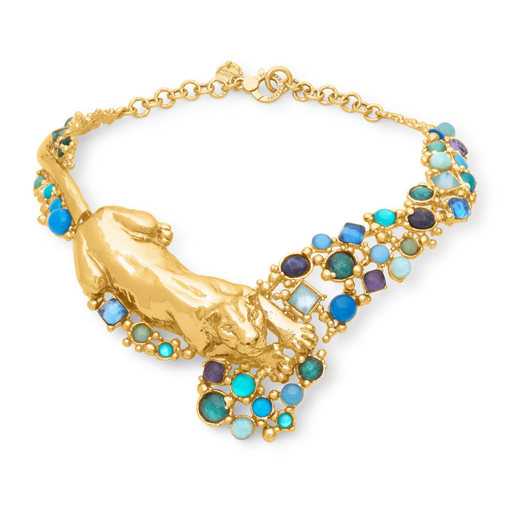 Giovanni Raspini Panthère Mirage Bleu Halskette 18 kt vergoldete Halskette, Natursteine und Edelsteine N0032