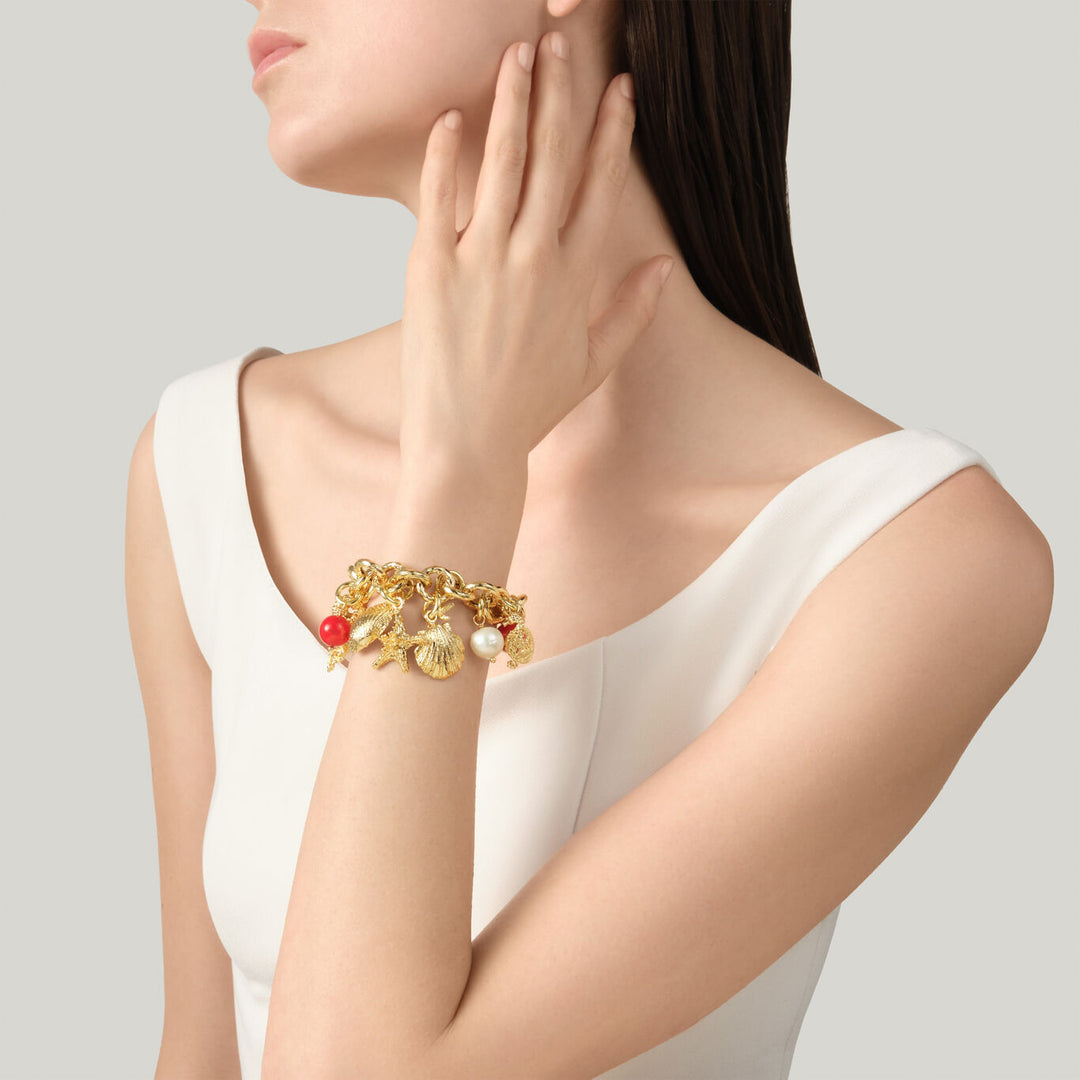 Giovanni Raspini Mistral-Armband, 18 kt vergoldetes Armband mit Naturperlen und Harzkoralle N0074
