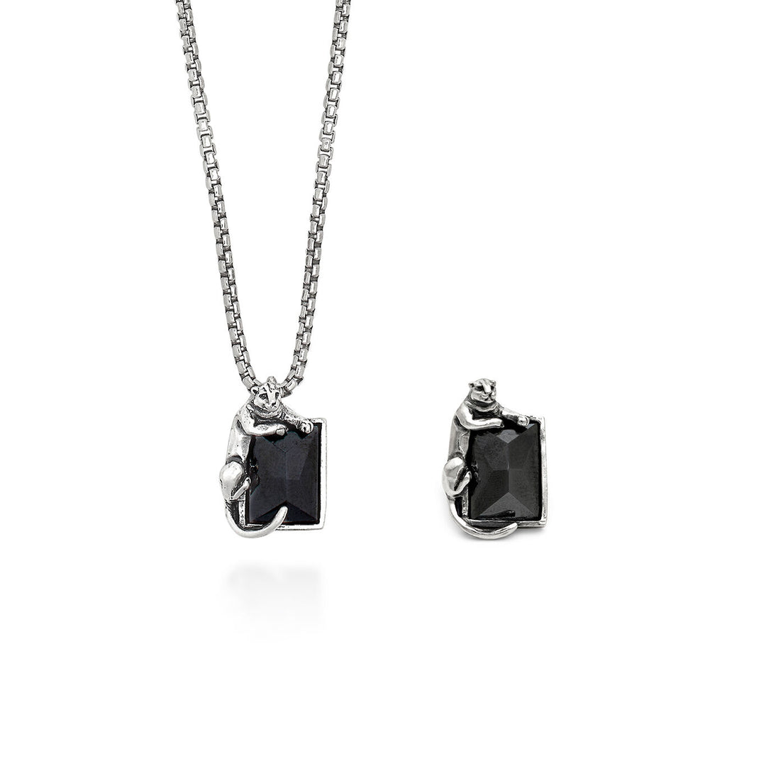 Giovanni Raspini set svart panterhalsband och brosch i 925 silver och hematit X01599