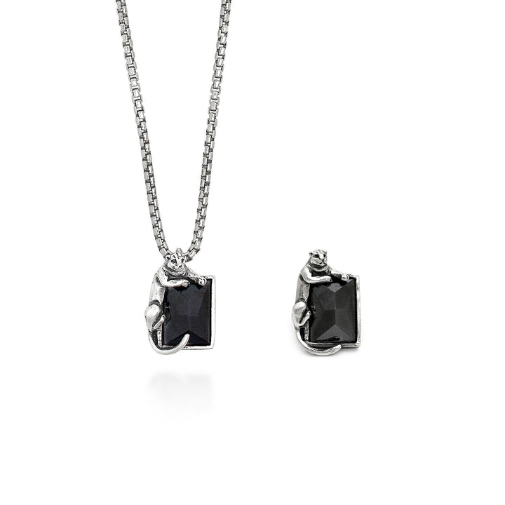 Giovanni Raspini set svart panterhalsband och brosch i 925 silver och hematit X01599