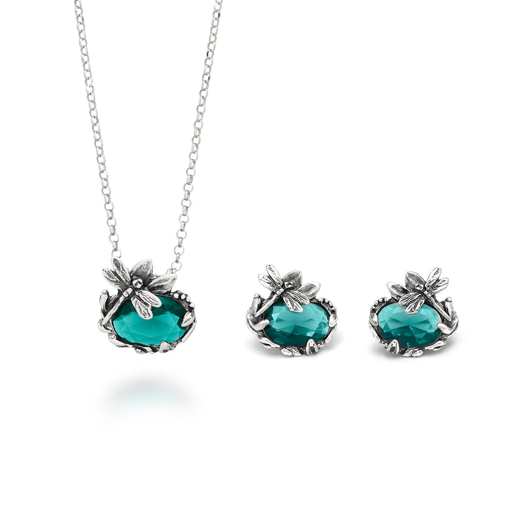 Giovanni Raspini Libellen-Eden-Set Halskette und Ohrringe aus 925er Silber und Smaragdquarz X01607