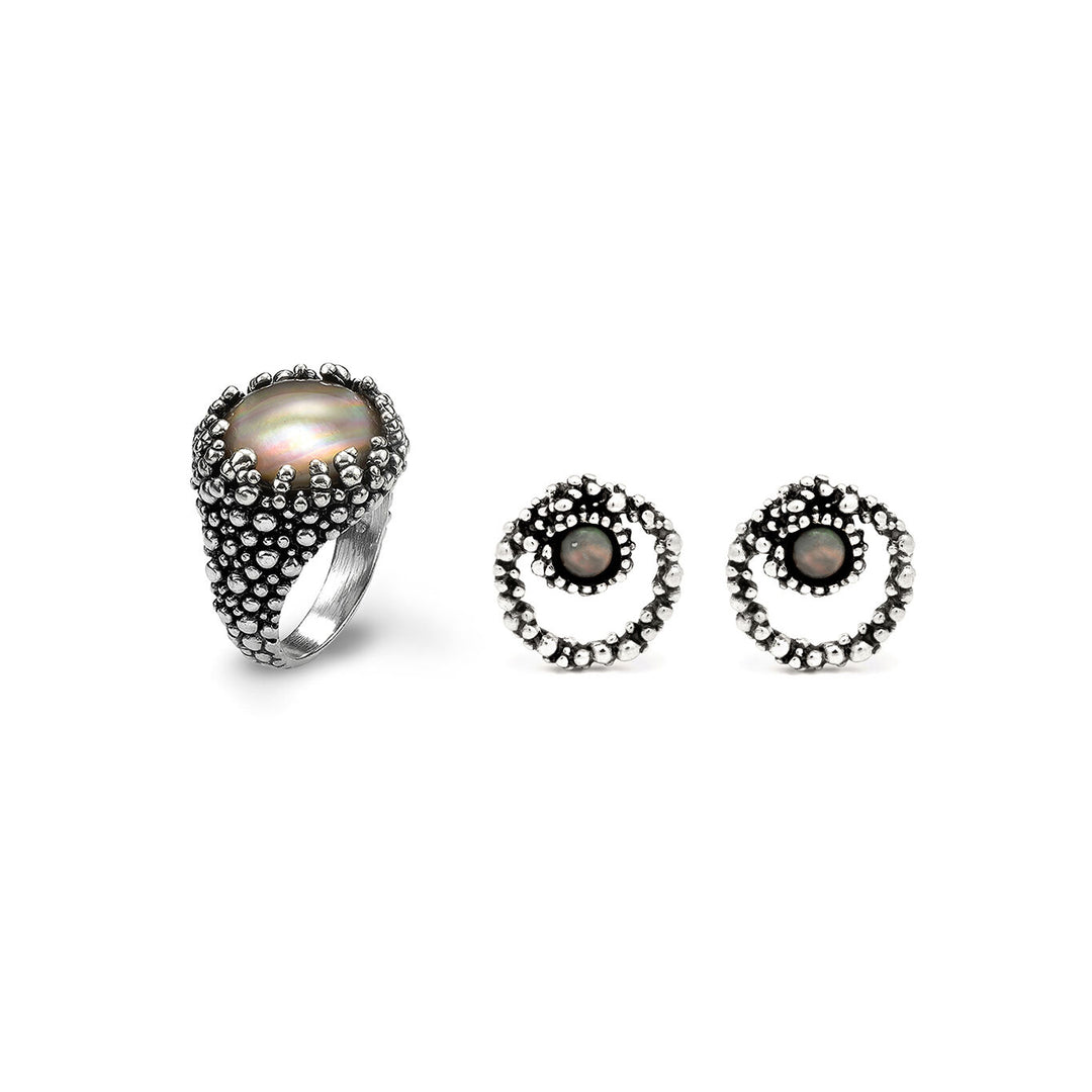 Giovanni Raspini set maui earrings and ring in 925 silver, mother of pearl and quartz X01612