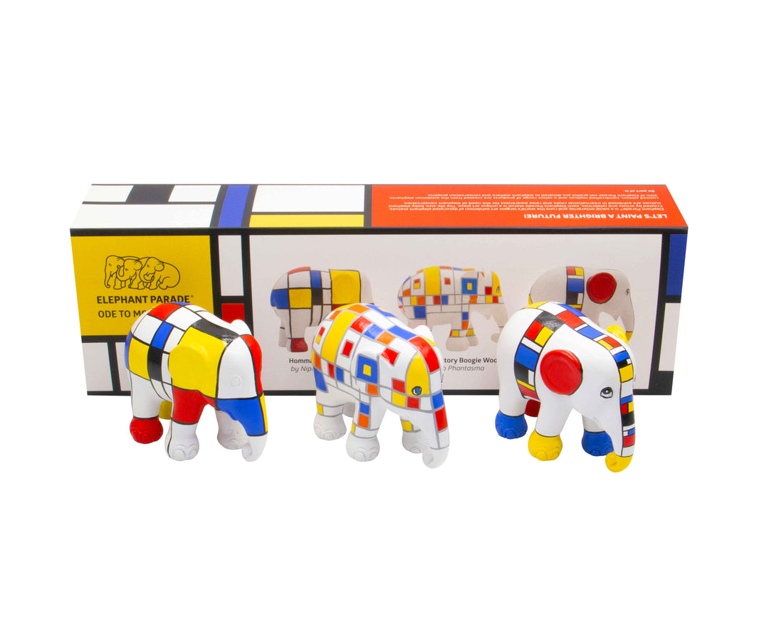 Elephant Parade Multipack Elephant Ode i Mondriaan - Nipon Kaewkumdee, Esther Springer Hommage til Mondriaan + Hommage til Victory Boogie Woogie + Mondriaan Crosted My Mind Multipack Ode til Mondriaan