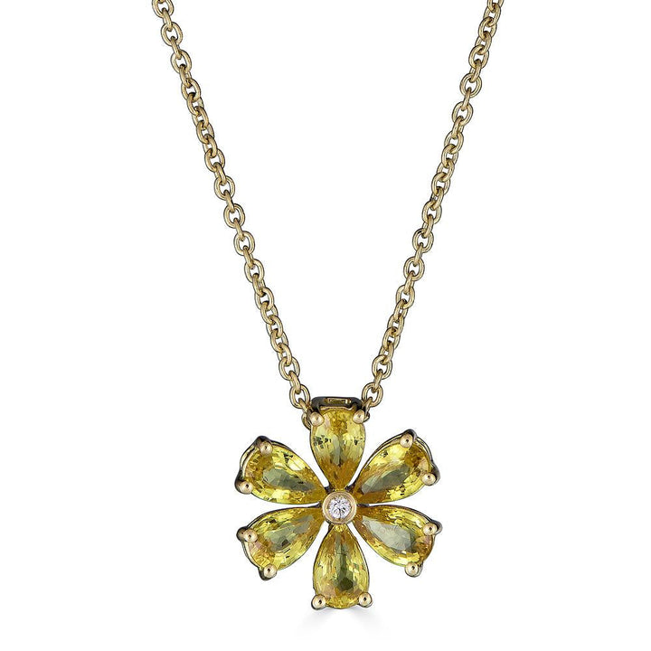 Zydo Blumenanhänger mit bunten Edelsteinen und Diamanten, Gelbgold, gelber Saphir 62040