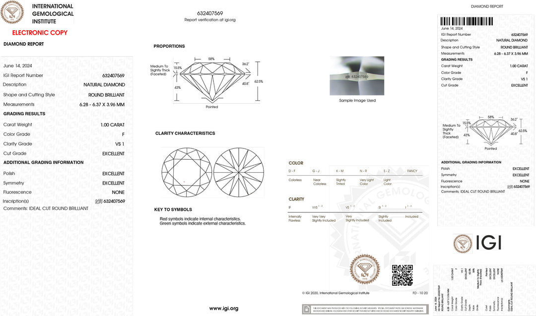 IGI 1,00ct certificeret investering Diamond Color F Purity vs1