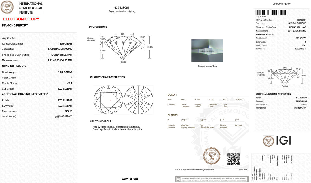 IGI 1,00CT Certified Investment Diamond color F purity vs1