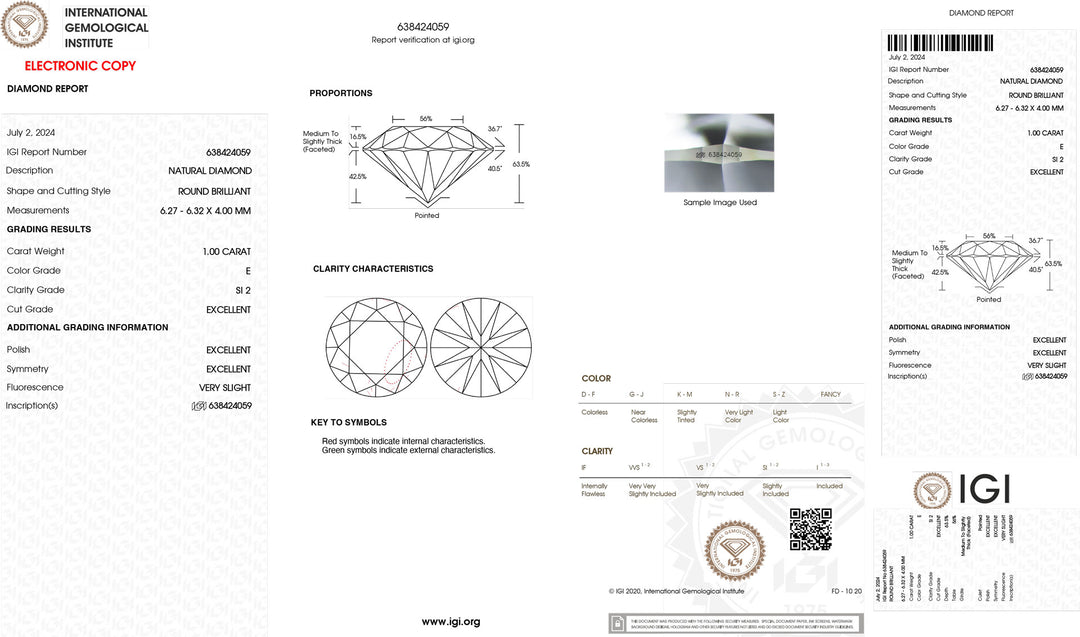 IGI 1,00CT Certified Investment Diamond color and purity si2