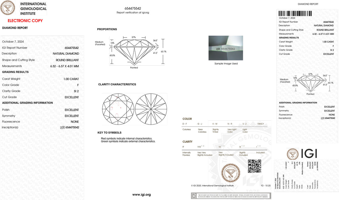 IGI 1,00CT Certified Investment Diamond color F purity SI2