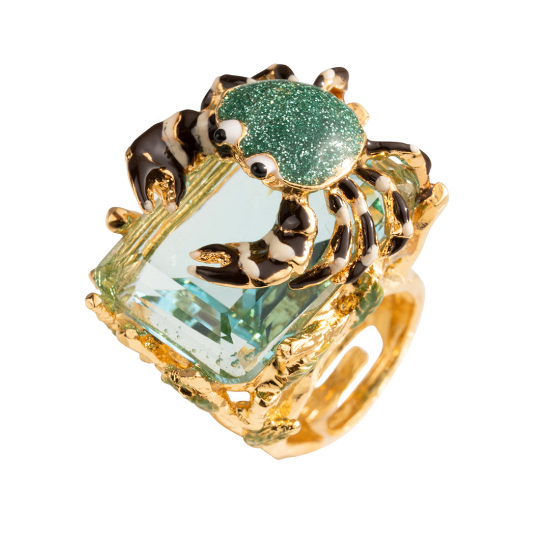 Federica Rossi Crab ring bronze finish PVD 18kt yellow gold enamel aquamarine quartz FR.AN.02