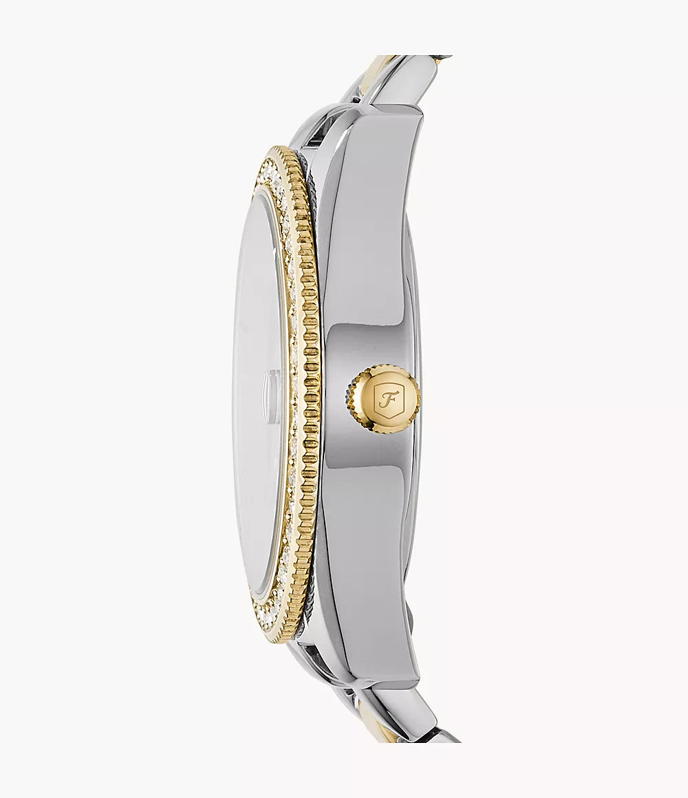 Fossil Scarlette ur 33 mm sølv quartz stål PVD gul guld finish ES4319