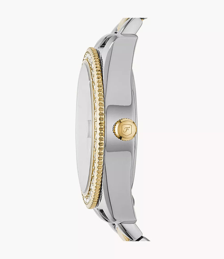 Fossil Scarlette ur 33 mm sølv quartz stål PVD gul guld finish ES4319