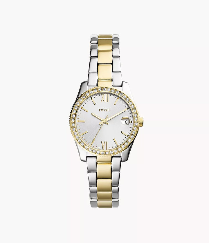 Fossil Scarlette ur 33 mm sølv quartz stål PVD gul guld finish ES4319