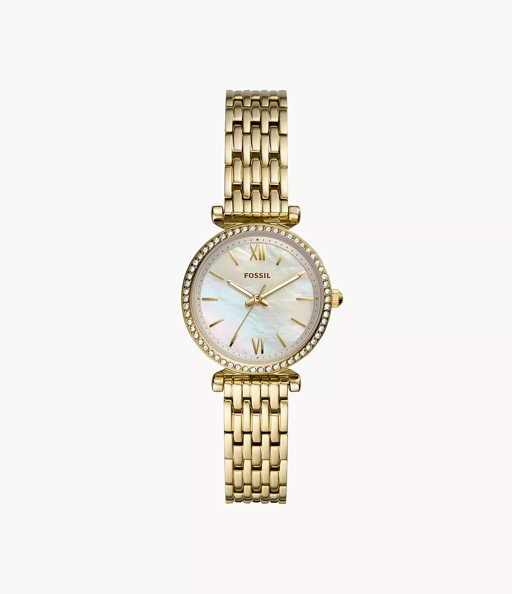 Fossil ur Carlie Mini Mini 28mm perlemor kvartsstål PVD finish gult guld ES4699