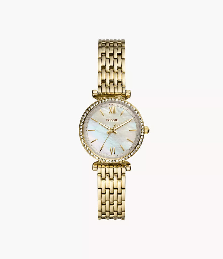 Fossil ur Carlie Mini Mini 28mm perlemor kvartsstål PVD finish gult guld ES4699