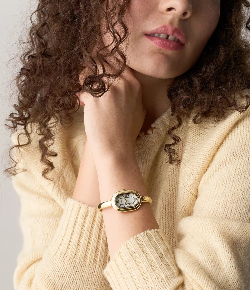 Fossil ur Sloan 25 mm perlemor kvartsstål PVD gul guld finish ES5444