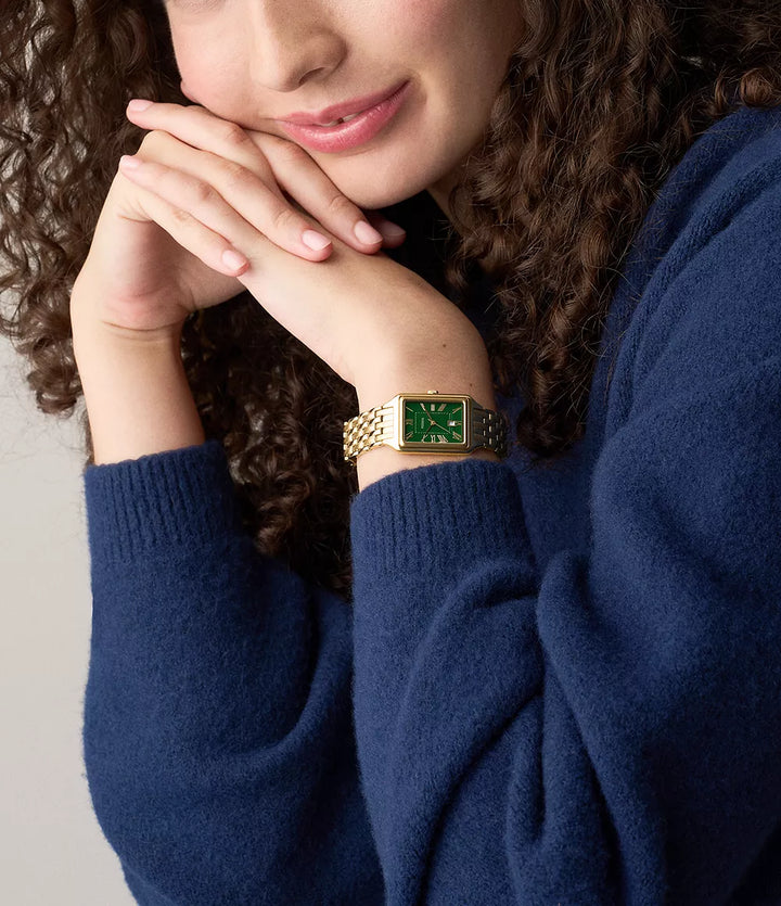 Fossil ur Raquel 23mm grøn kvartsstål gul guld PVD finish ES5452