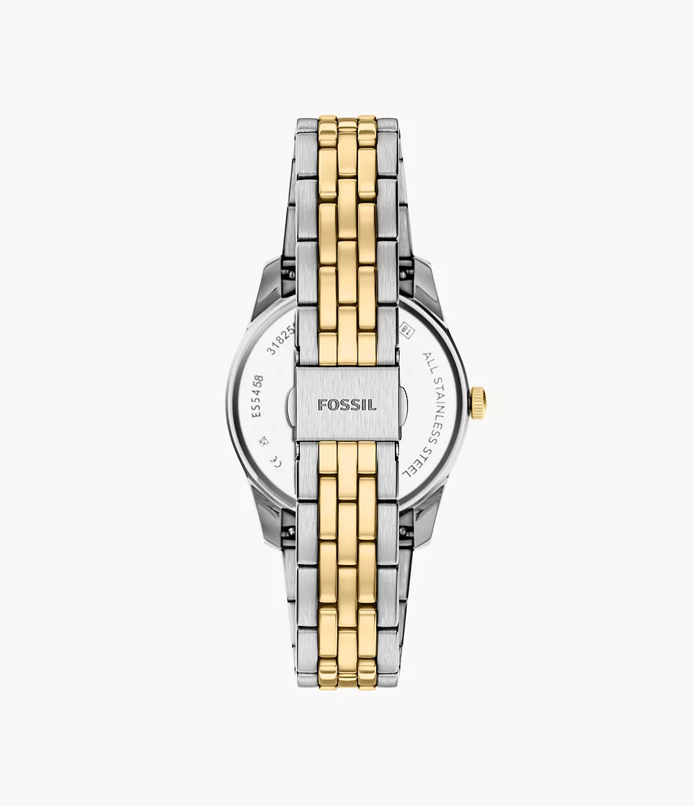 Fossil Scarlette ur 34mm sort kvartsstål PVD gul guld finish ES5458