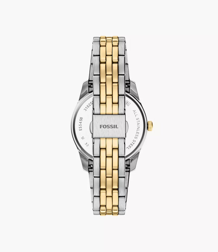 Fossil Scarlette ur 34mm sort kvartsstål PVD gul guld finish ES5458