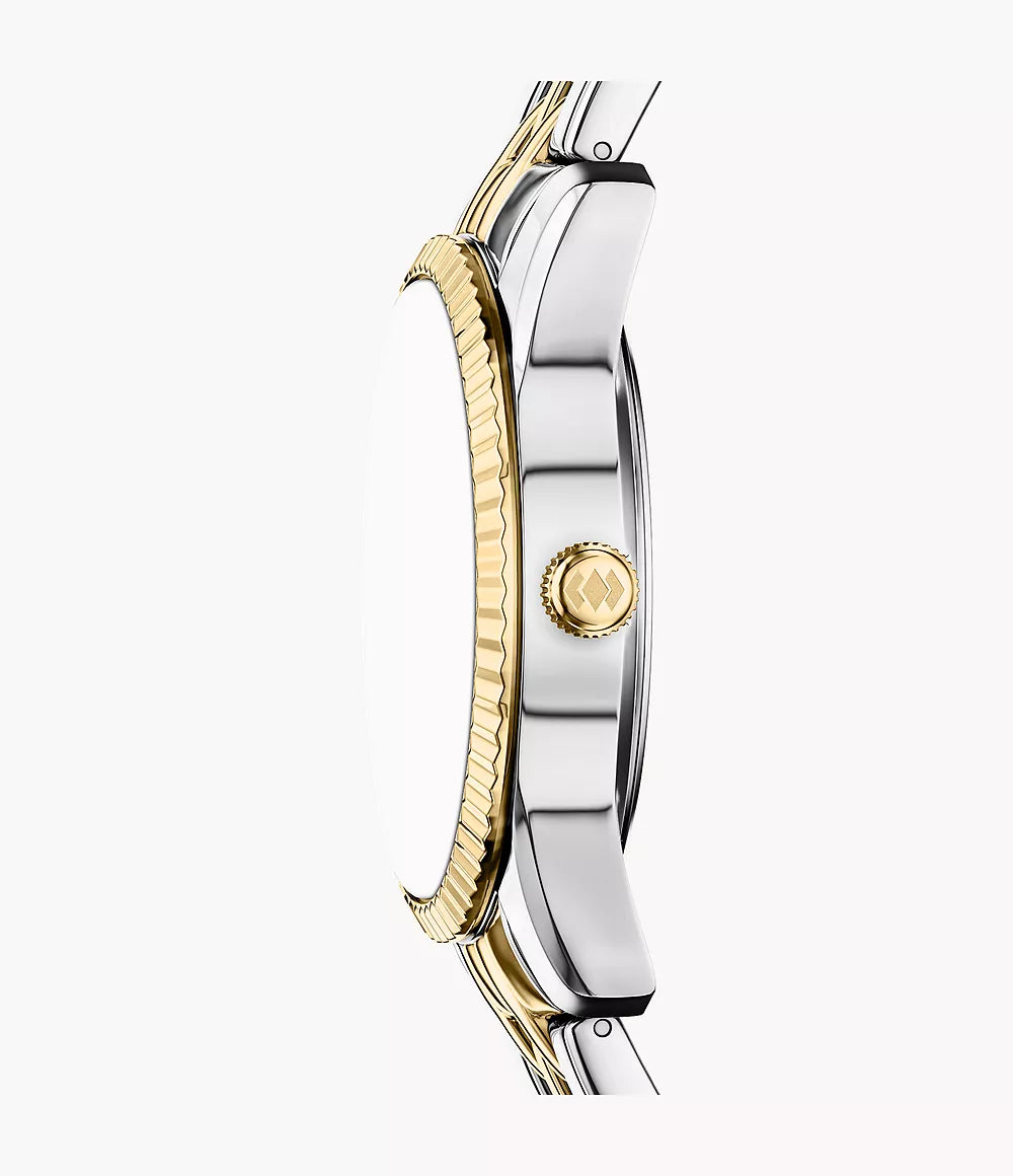 Fossil Scarlette ur 34mm sort kvartsstål PVD gul guld finish ES5458