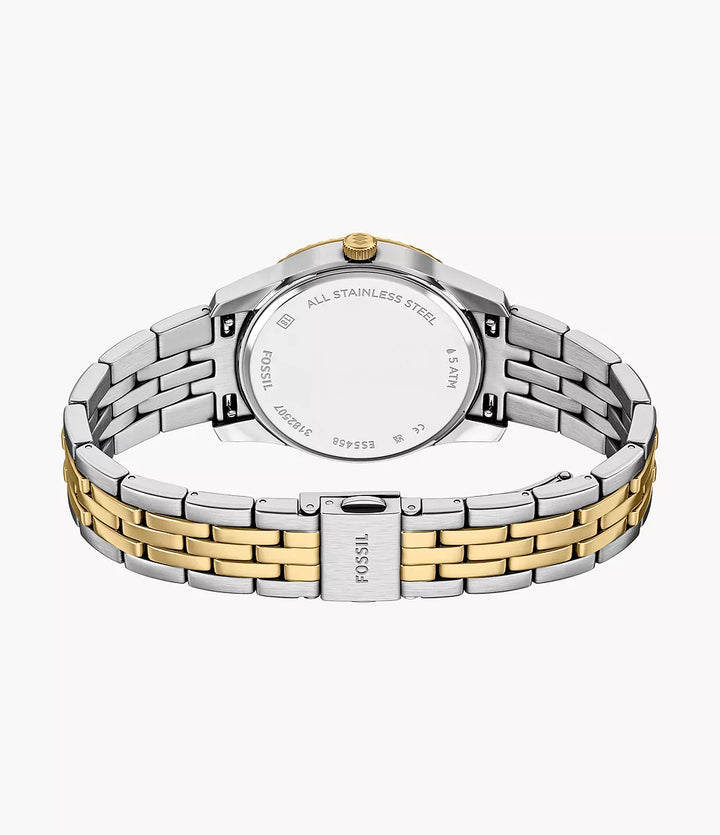 Fossil Scarlette ur 34mm sort kvartsstål PVD gul guld finish ES5458