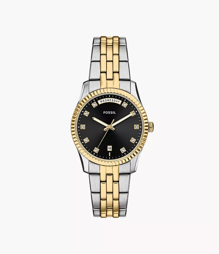Fossil Scarlette ur 34mm sort kvartsstål PVD gul guld finish ES5458