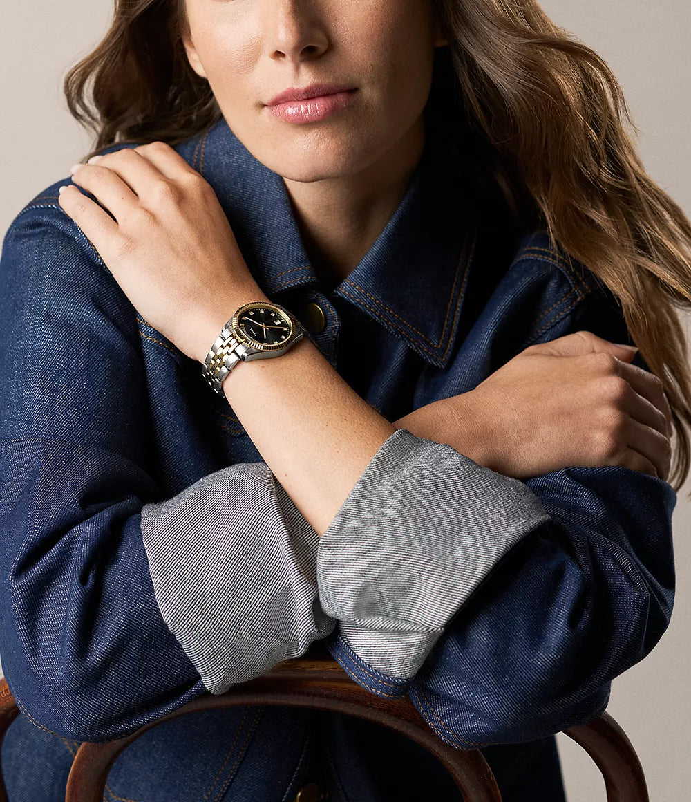 Fossil Scarlette ur 34mm sort kvartsstål PVD gul guld finish ES5458