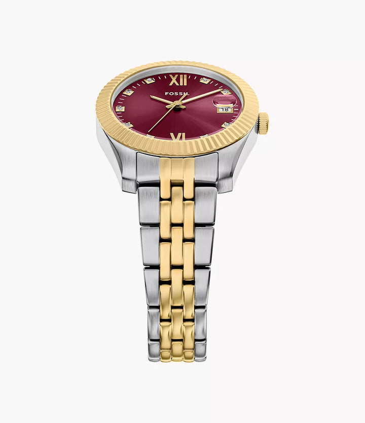 Fossil ur Scarlette 33mm bordeaux kvartsstål PVD finish gul guld ES5461