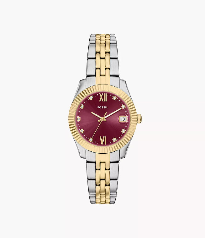 Fossil ur Scarlette 33mm bordeaux kvartsstål PVD finish gul guld ES5461