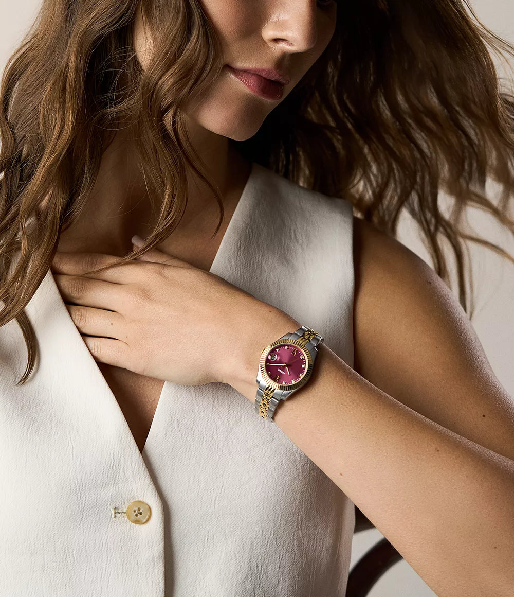 Fossil ur Scarlette 33mm bordeaux kvartsstål PVD finish gul guld ES5461