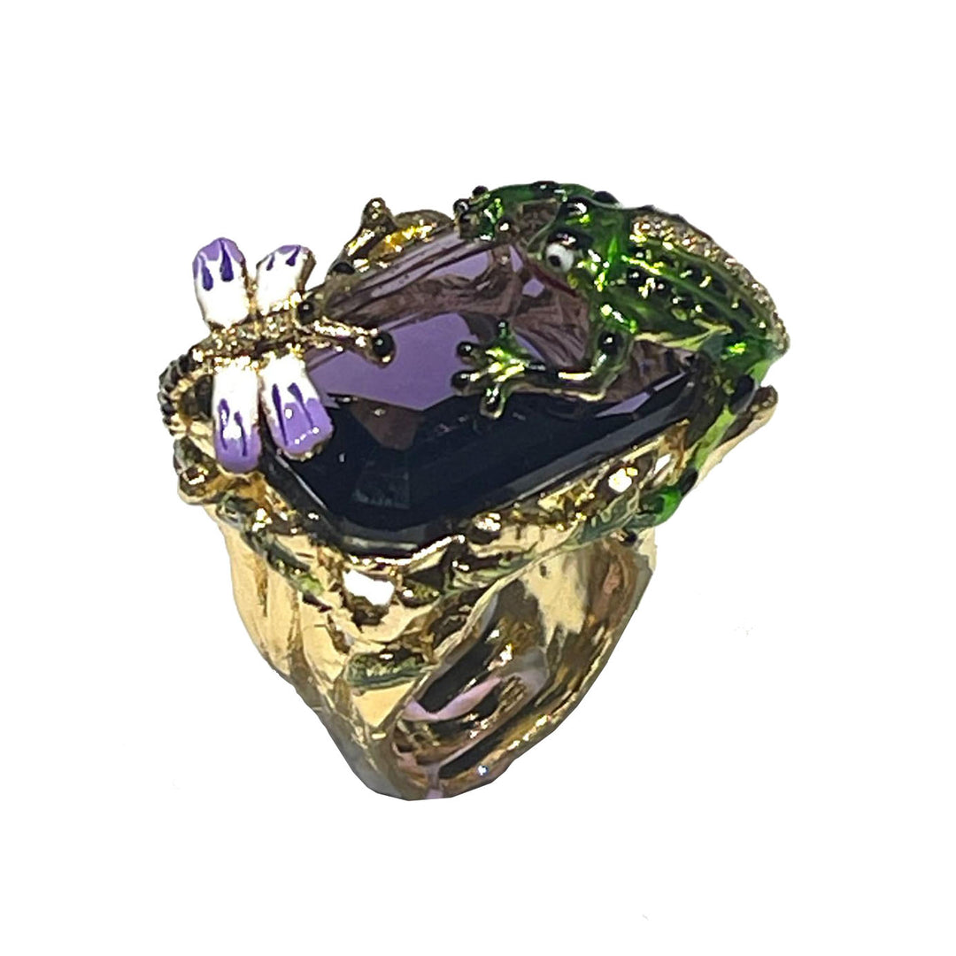 Federica Rossi frog ring bronze finish PVD 18kt yellow gold enamel amethyst quartz FR.AN.03