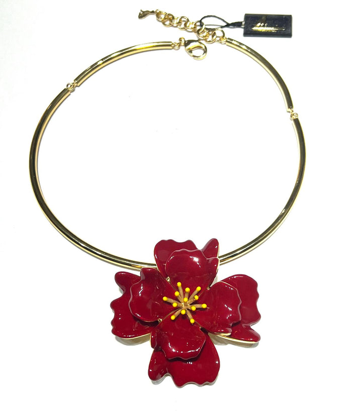 Federica Rossi Blumen-Halskette, 8 Blütenblätter, Bronze, PVD-Finish, 18-karätiges Gelbgold, rote Emaille FR.CO.29