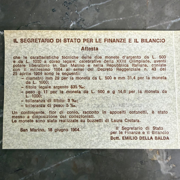 Sølvmønter 500 1000 Lire Republikken San Marino XXIII OL 1984