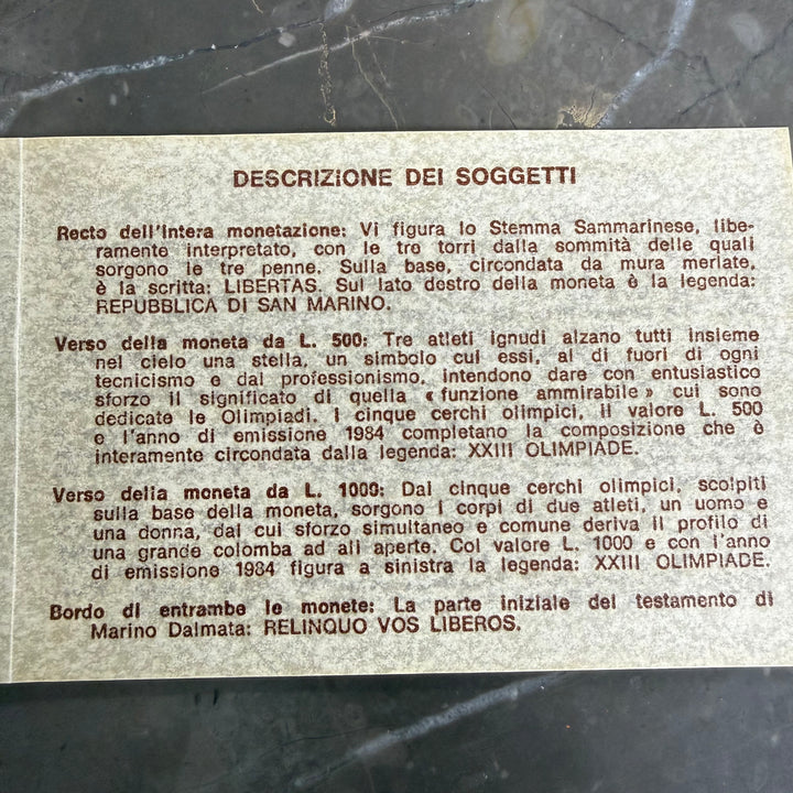 Sølvmønter 500 1000 Lire Republikken San Marino XXIII OL 1984