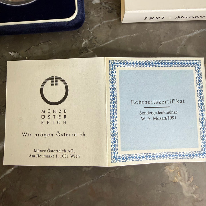 Silbermünze 100 österreichische Schilling 200. Tod von Wolfgang Amadeus Mozart 1991