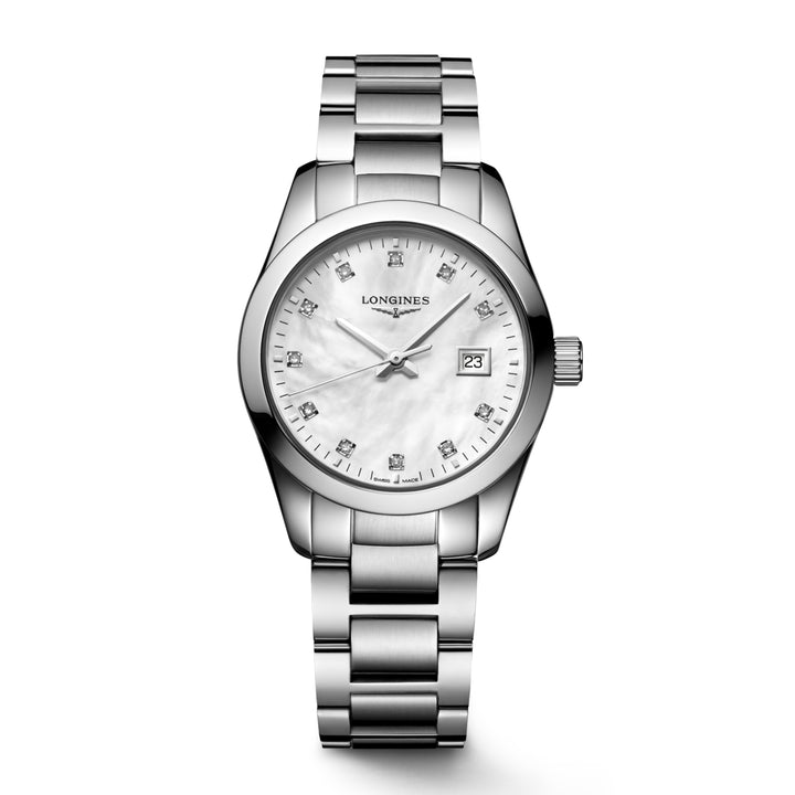 Longines Conquest Classic watch 29mm mother of pearl diamonds quartz steel L2.286.4.87.6