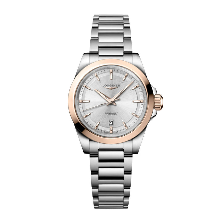 Longines Conquest ur 30 mm automatisk sølv rosa guld stål L3.320.5.72.6