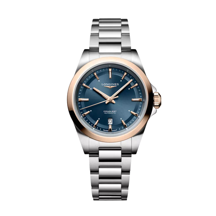 Longines watch Conquest 30mm blue automatic steel PVD finish rose gold L3.320.5.92.6
