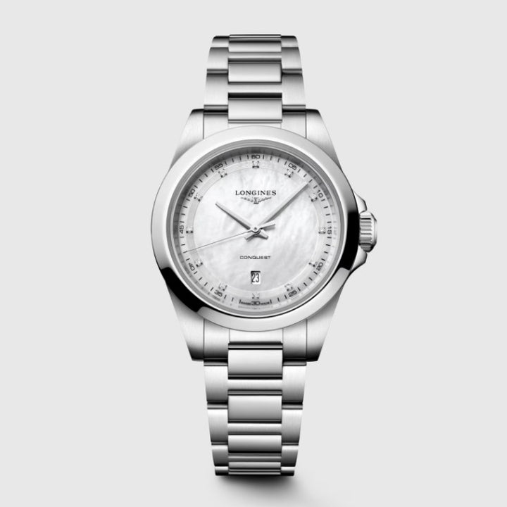 Longines Conquest ur 30 mm perlemor diamanter kvartsstål L3.350.4.87.6