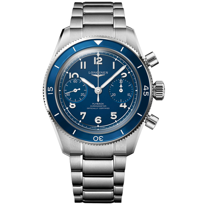 Longines ur Spirit Pilot Flyback 39,5 mm blåt manuelt optræk stål L3.721.4.93.6