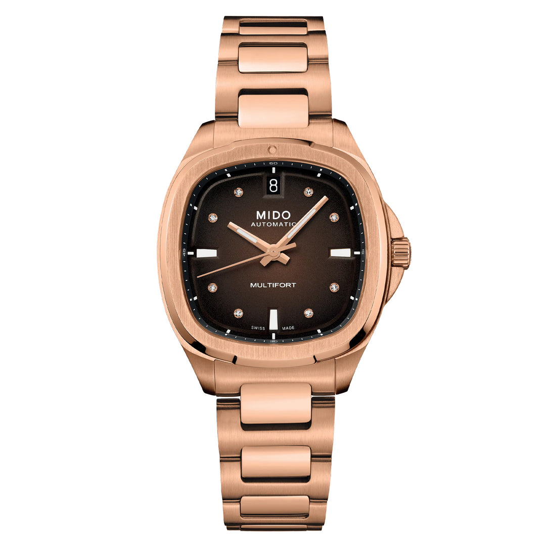 Mido Multioft TV 35mm Brun TV Automatiske Diamonds Steel Finish PVD Gold Rosa M049.307.33.296.00