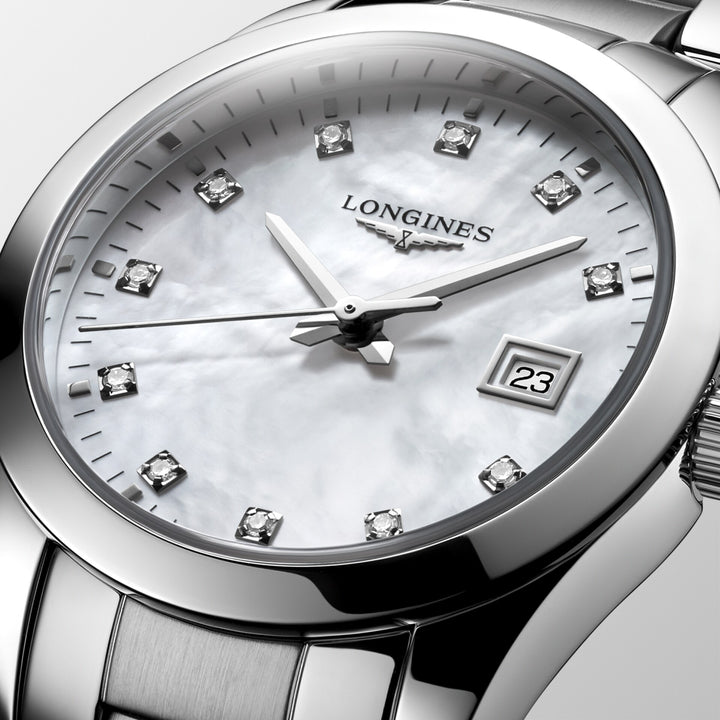 Longines Conquest Classic watch 29mm mother of pearl diamonds quartz steel L2.286.4.87.6