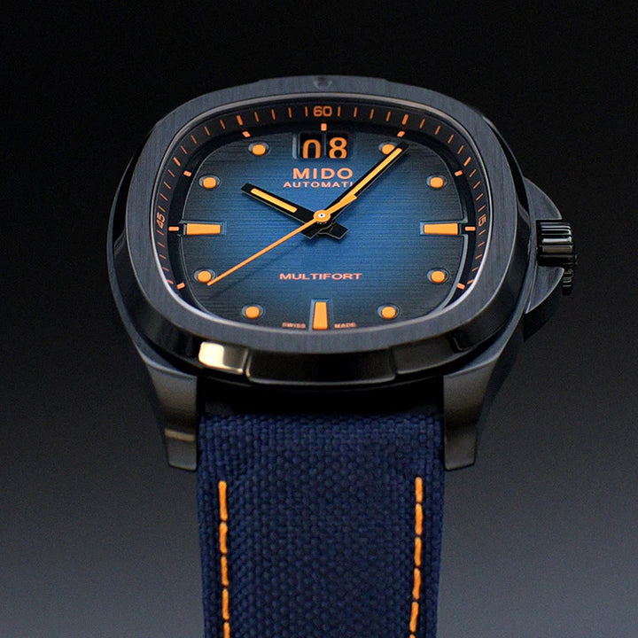 Mido watch Multifort TV Big Date 39x40mm blue automatic steel black PVD finish M049.526.37.041.00