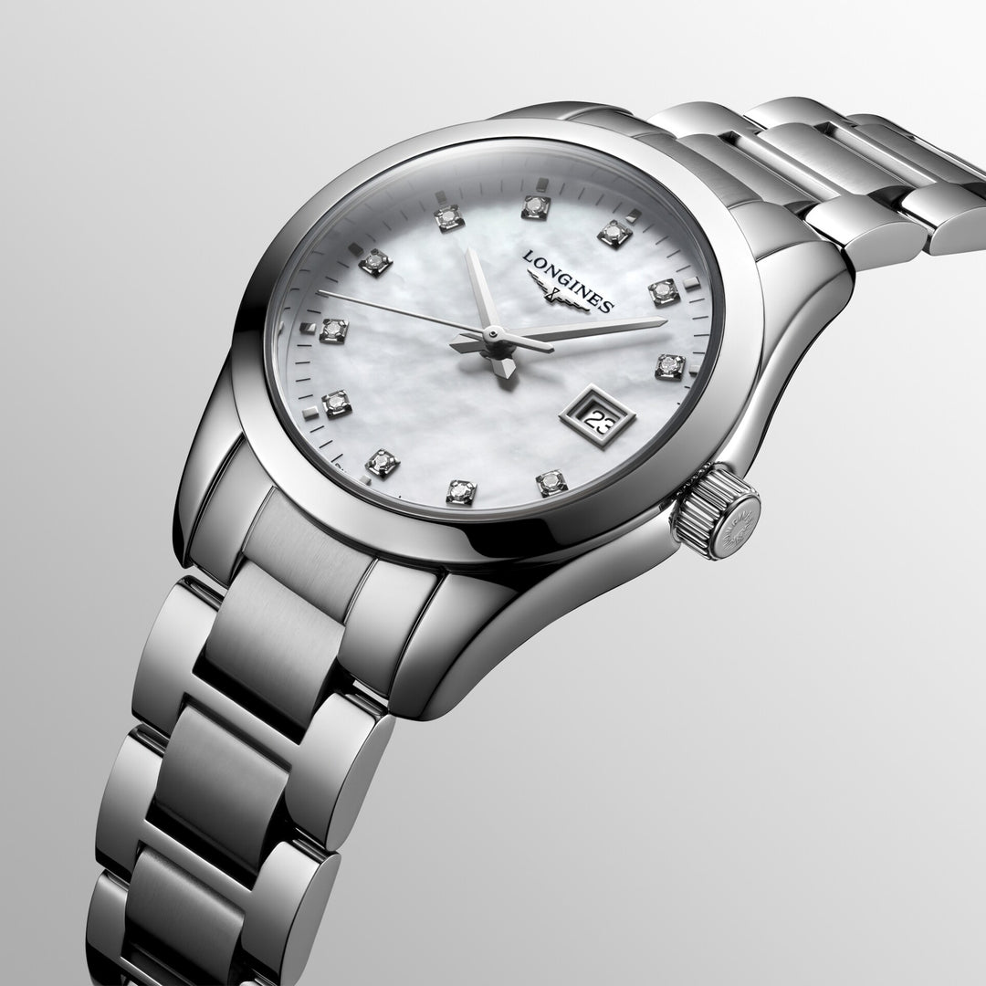 Longines Conquest Classic watch 29mm mother of pearl diamonds quartz steel L2.286.4.87.6