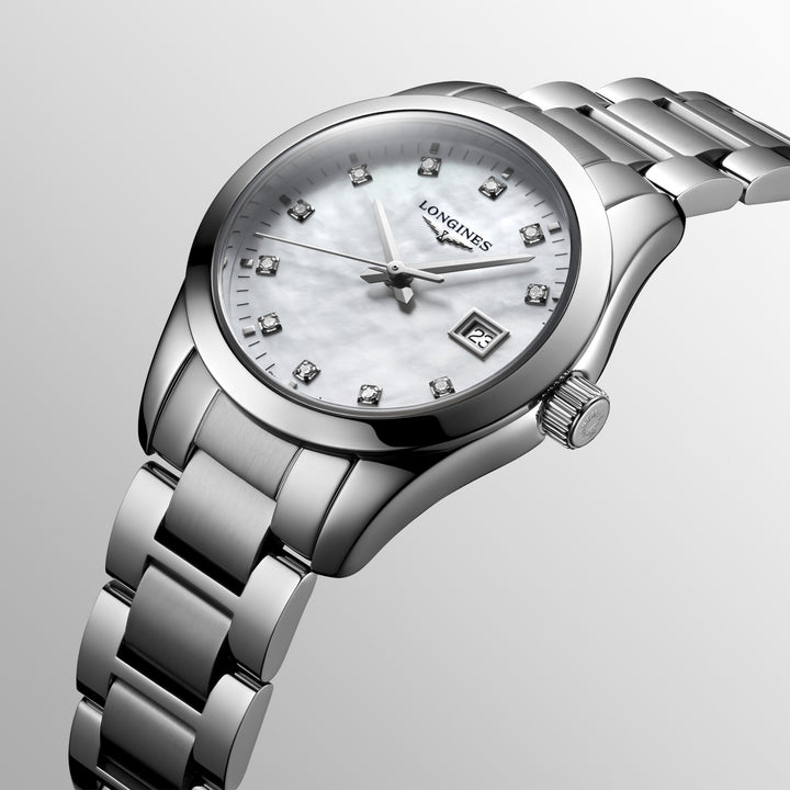 Longines Conquest Classic watch 29mm mother of pearl diamonds quartz steel L2.286.4.87.6