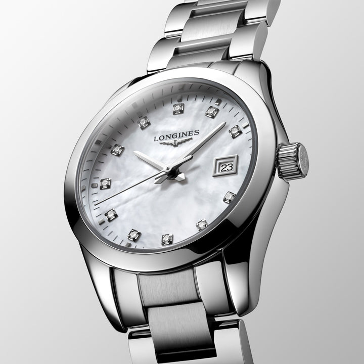 Longines Conquest Classic watch 29mm mother of pearl diamonds quartz steel L2.286.4.87.6